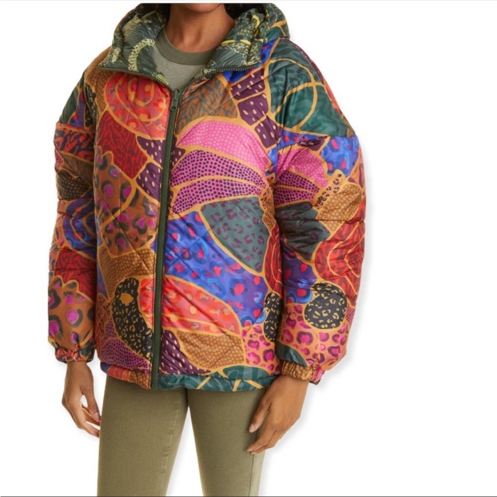 NEW NWT Farm rio green cool leopard reversible puffer jacket Small - Picture 2 of 9